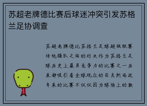 苏超老牌德比赛后球迷冲突引发苏格兰足协调查