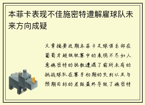 本菲卡表现不佳施密特遭解雇球队未来方向成疑 本菲卡表现不佳施密特遭解雇球队未来方向成疑